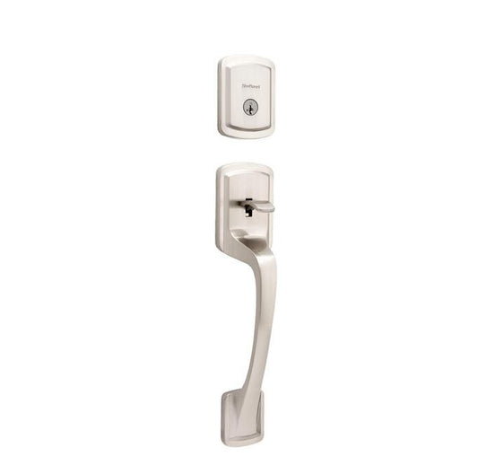 Kwikset Prague 98180-027 Handle with Pismo Knob and Deadbolt Set in Satin Nickel
