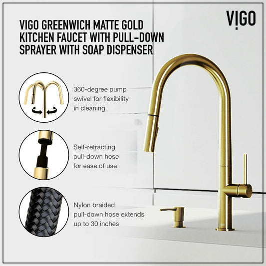 VIGO Greenwich 18'' H Single Handle Pull-Down Sprayer Set with Soap Dispenser