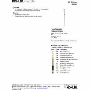 KOHLER 30" Adjustable slidebar, shower slidebar, handshower slidebar