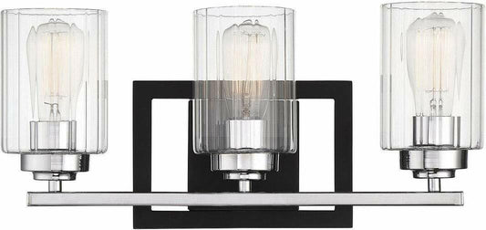 Savoy House 8-2154-3-67 Redmond Clear Ribbed Bathroom Vanity Light Black&Chrome