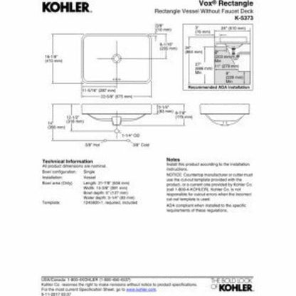 KOHLER 5373-0 Vox Rectangle Vessel Bathroom Sink, Vitreous China, White